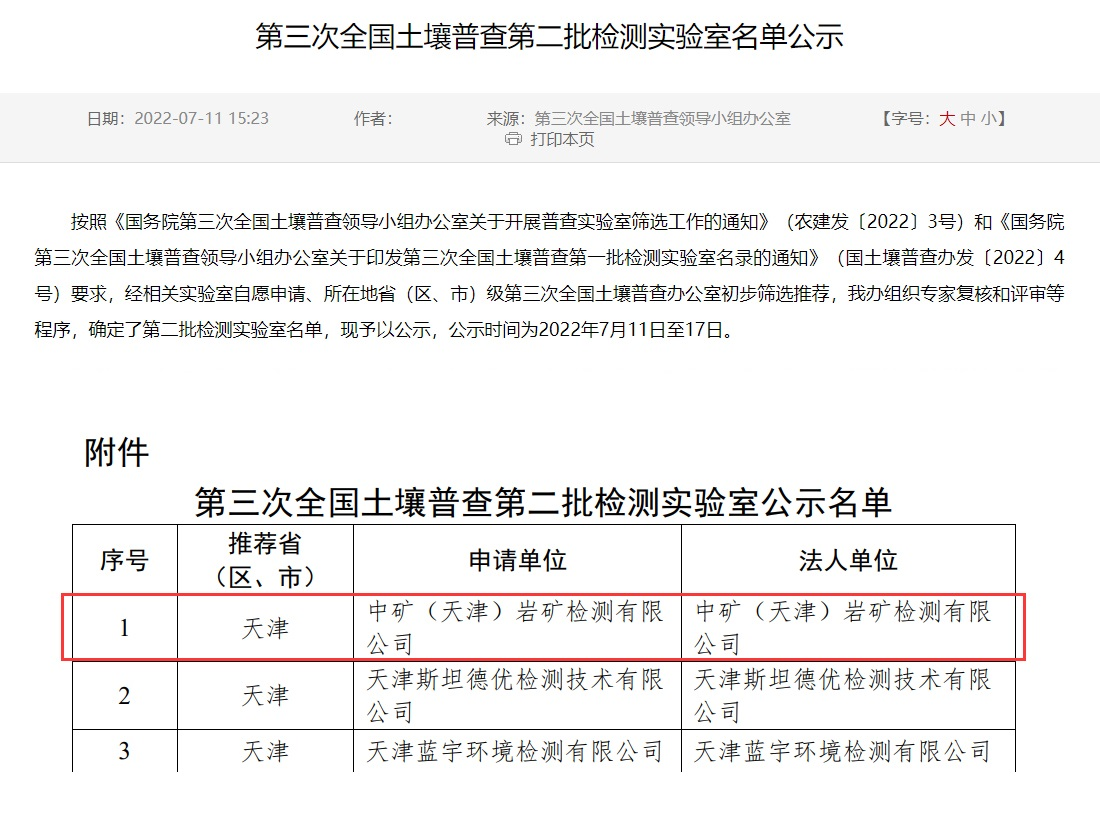 Lewin乐玩（天津）岩矿检测有限公司入选第三次全国土壤普查实验室名录